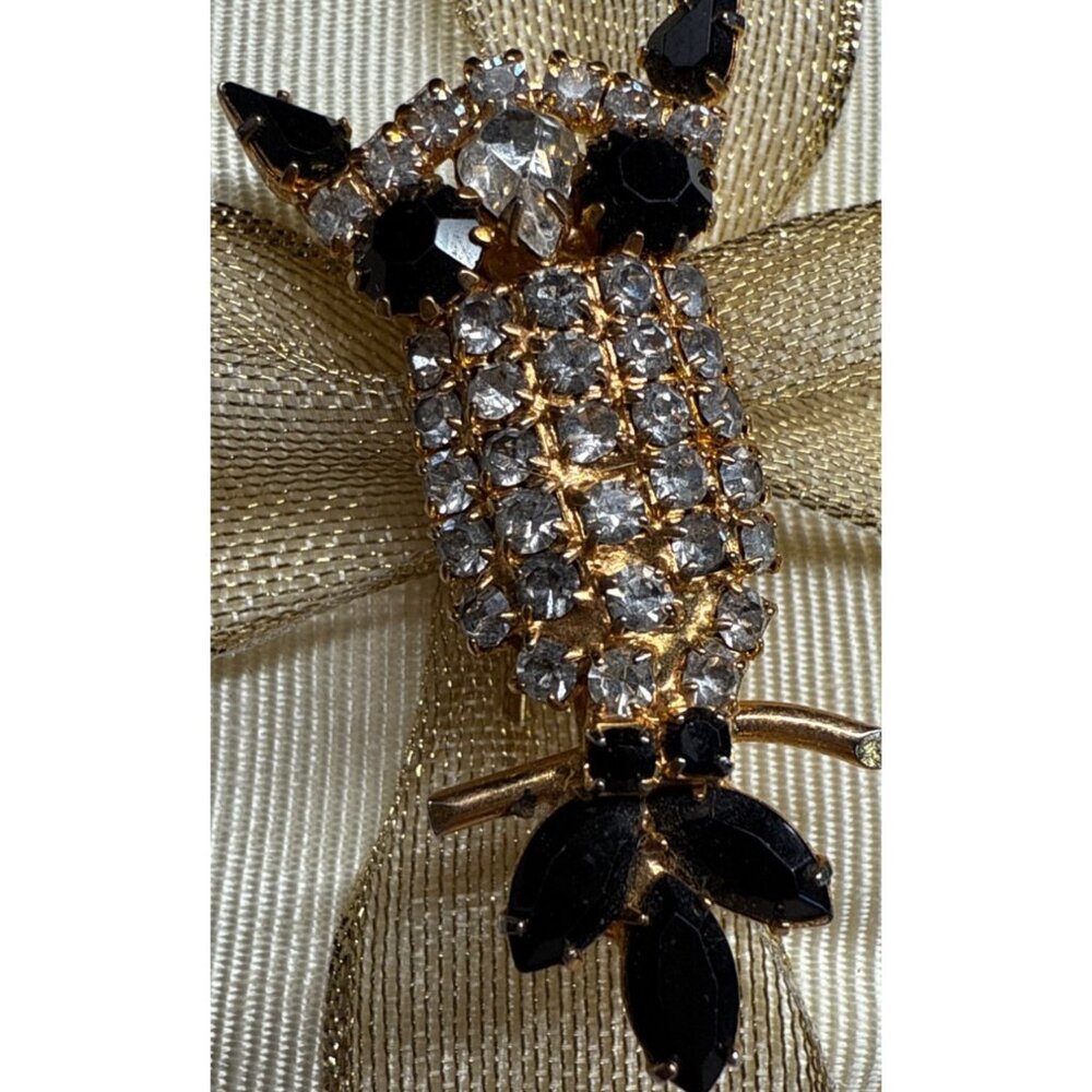 Gold-Tone Rhinestone Owl Brooch Pin W/ Black & Clear Stones Tiny Bird Vintage